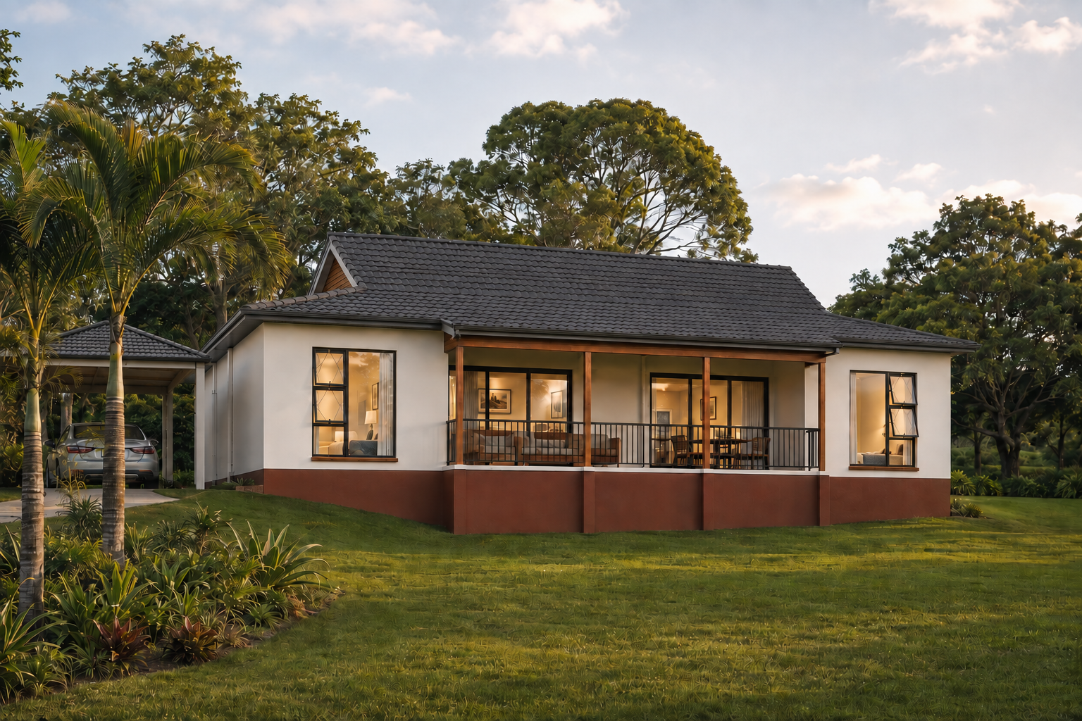 Architectural visualisation of the two-bedroom residence with a charcoal tiled carport roof