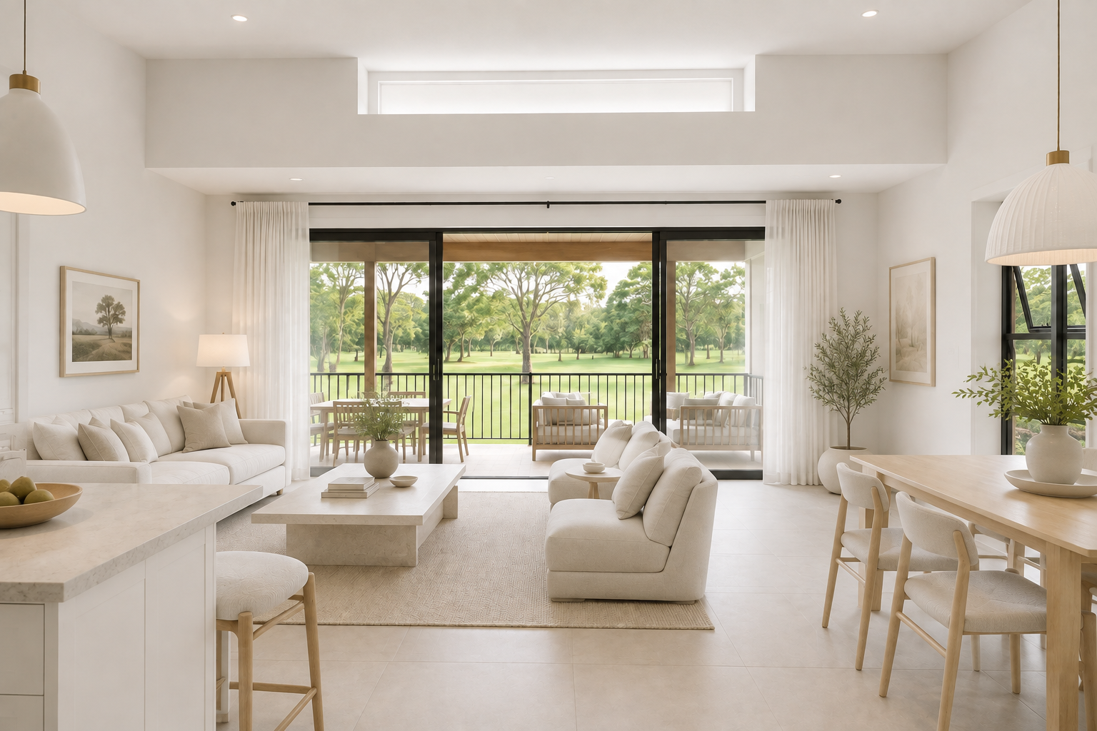 Architectural visualisation of the two-bedroom residence's open-plan living area opening onto the covered balcony