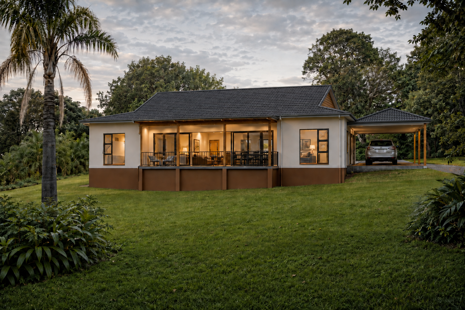 Architectural visualisation of the three-bedroom residence and its charcoal tiled carport roof