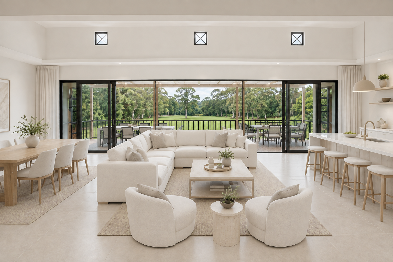 Architectural visualisation of the three-bedroom residence's family living area and covered balcony