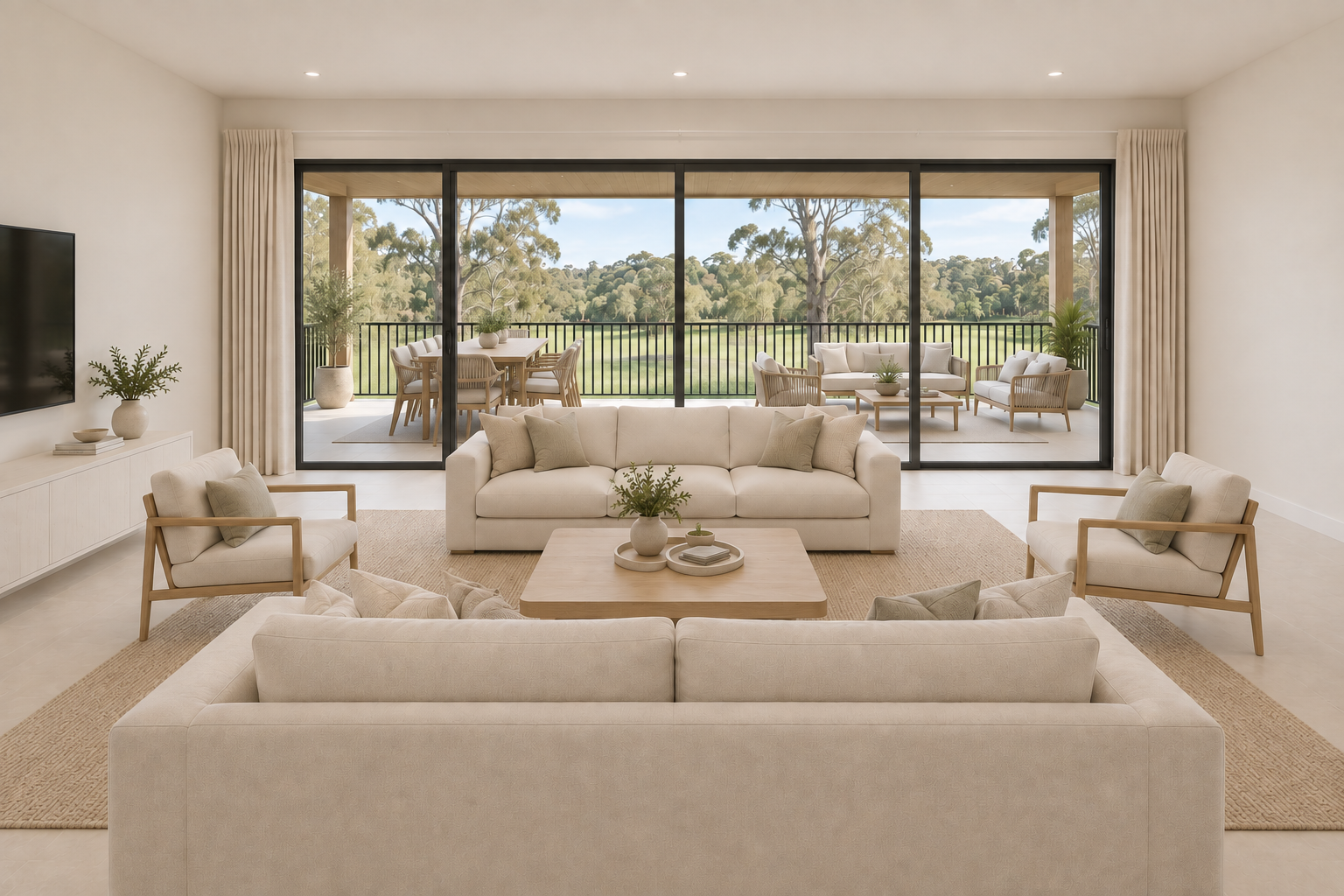 Architectural visualisation of the four-bedroom living room with two facing sofas, an armchair on each side and sliding doors to the covered balcony